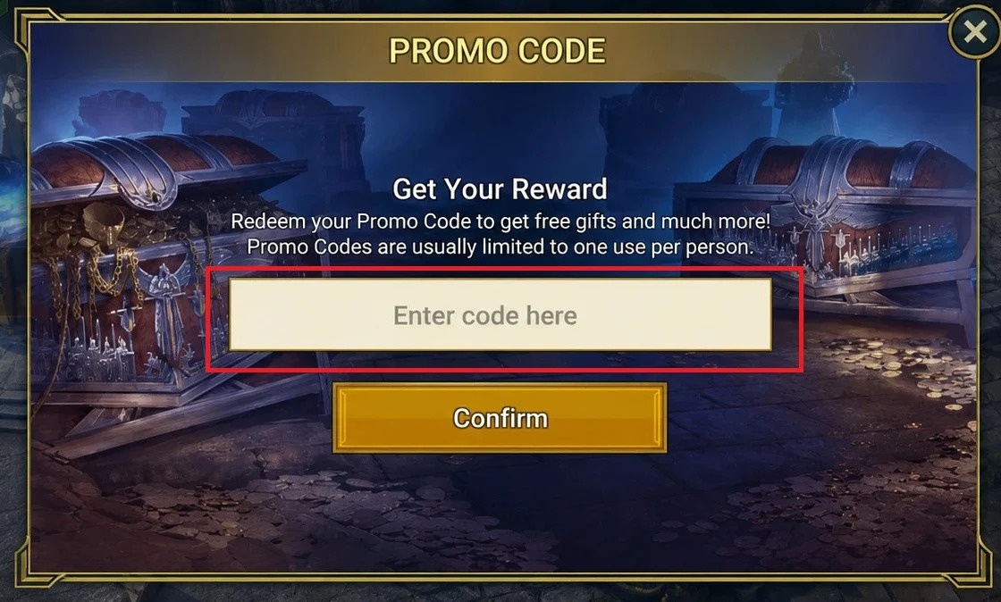 Raid Shadow Legends Promo Code redemption screen — 'Enter code here' input field with Confirm button